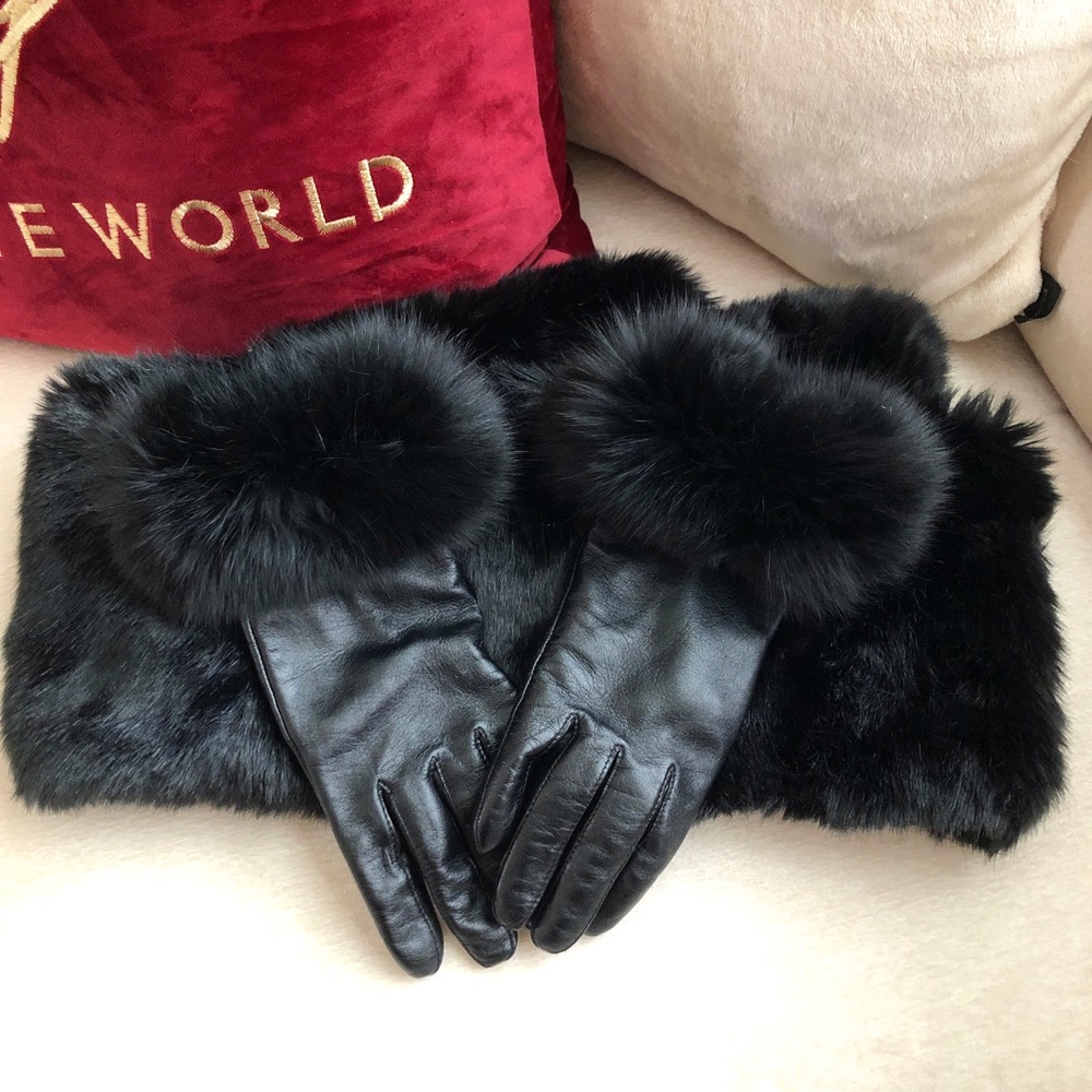 Fur Leather Gloves and scarf set